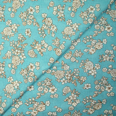 Viscose imprimée printanière blanc cassé fond bleu azurin